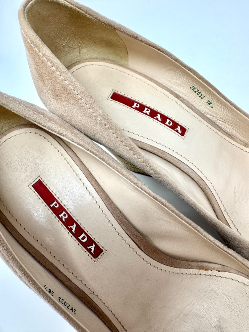 Prada Beige Suede Cork Wedge Peep-Toe Espadrille Pumps - Picture 8 of 14